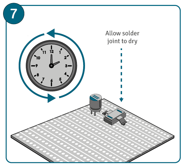 A picture of the soldered components, with a clock and the words "allow solder joint to dry". 